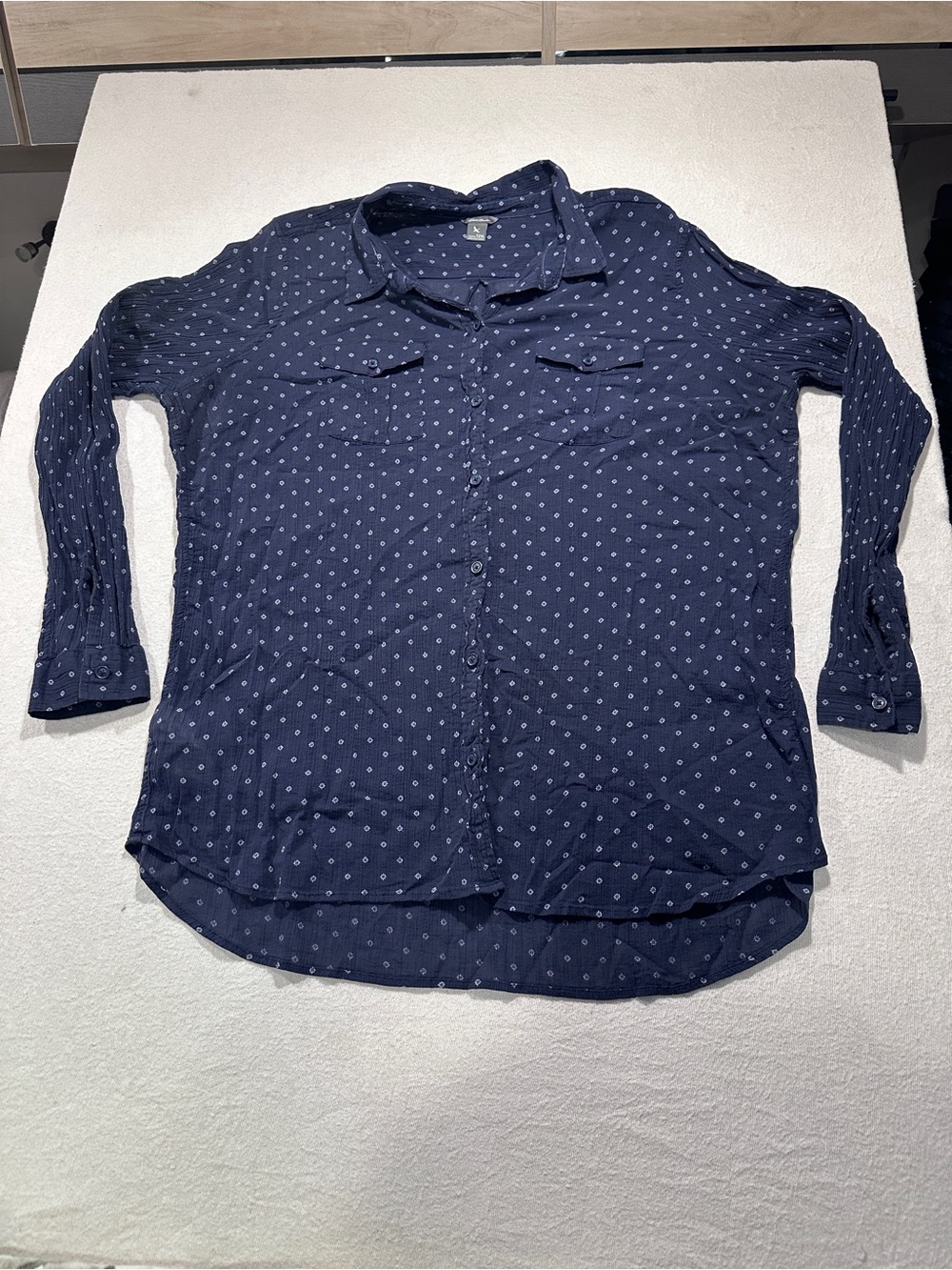 Eddie Bauer Navy Blue Button-Down Shirt with Small White Print